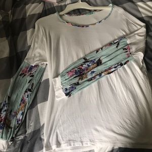 Long Sleeve Top with Teal Floral Accent to Arms